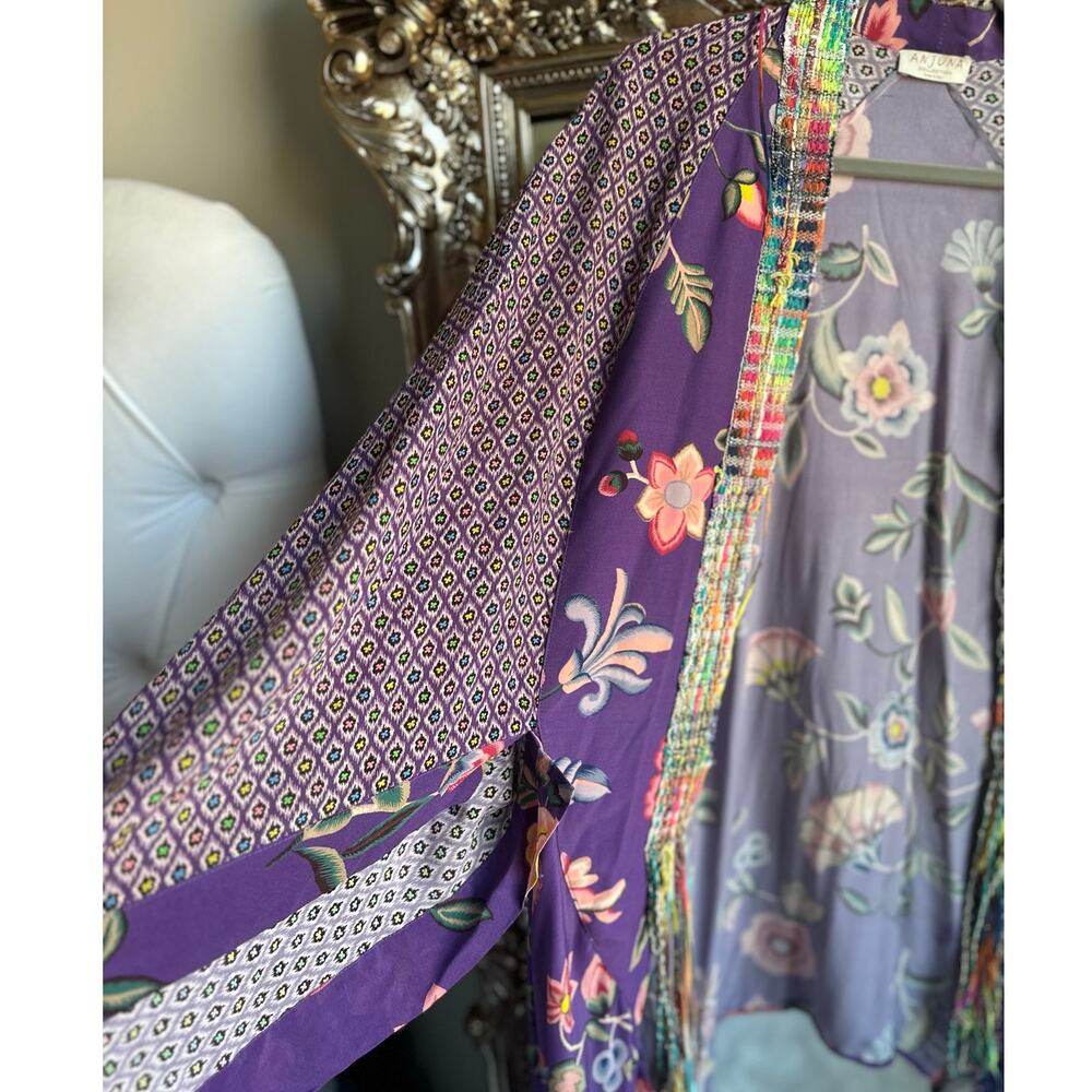Anjuna Silk Purple Floral Print Multicolor Trim Robe Small - Picture 5 of 7